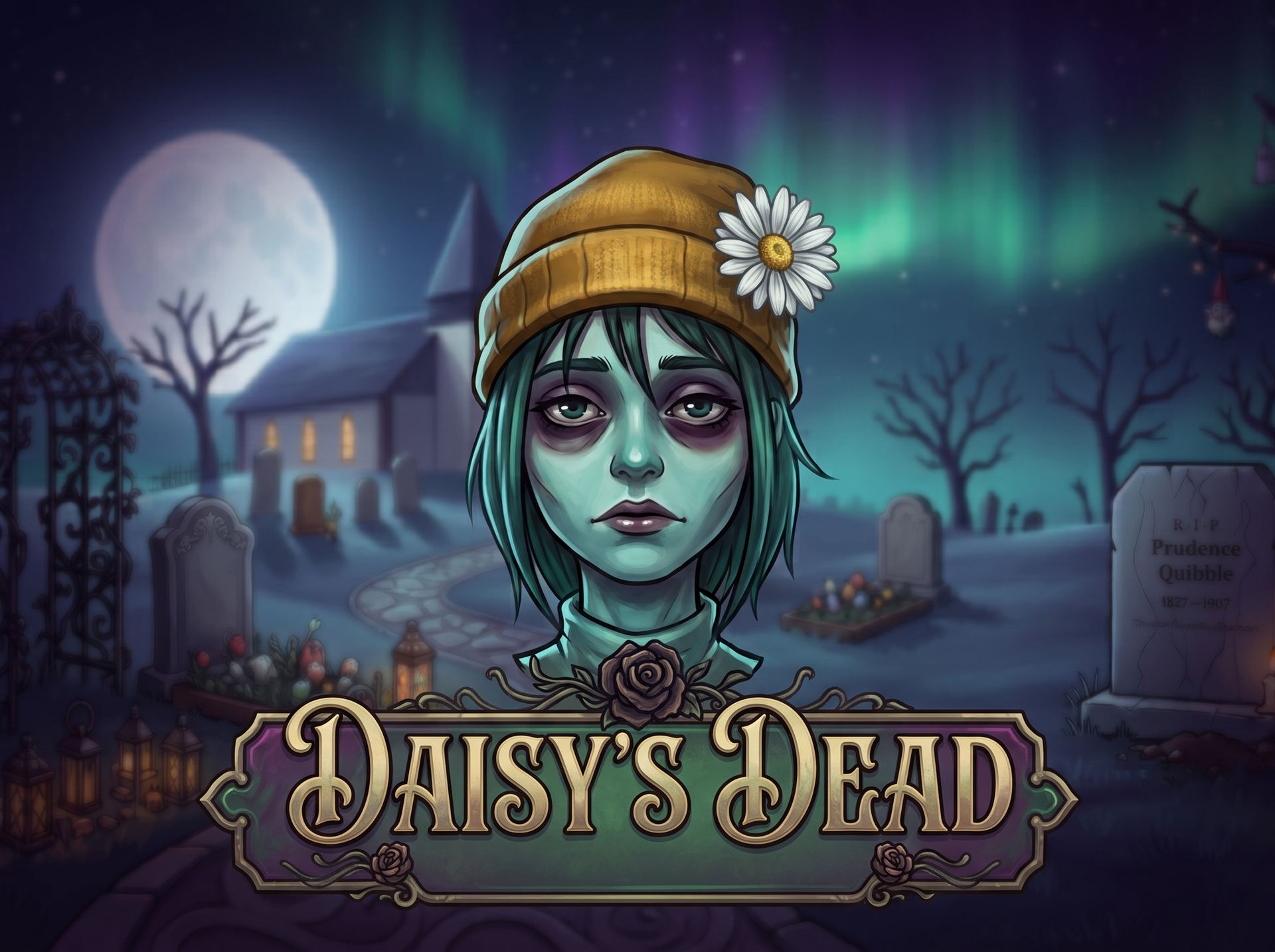 Daisy's Dead key art — Daisy, a ghost girl in a yellow beanie with a daisy tucked in it, in a moonlit cemetery under the northern lights.
