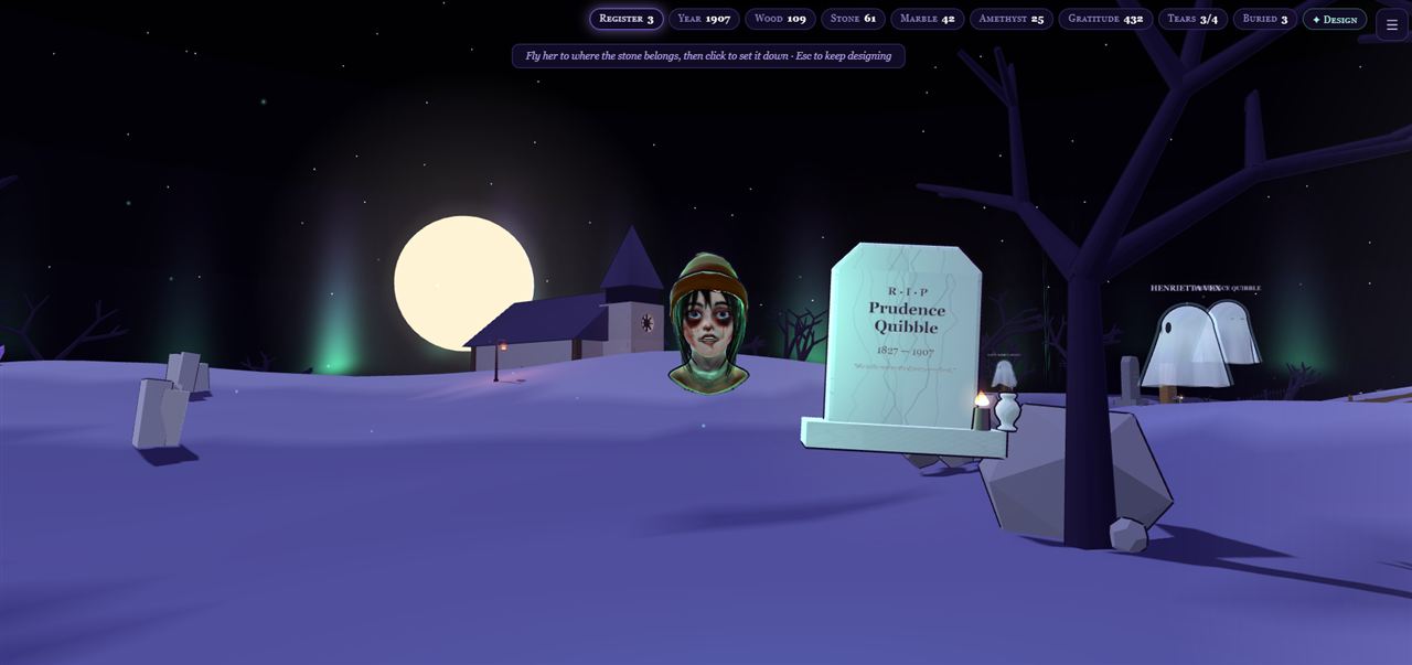 In-game screenshot — Daisy beside a crafted headstone as sheet ghosts wander.
