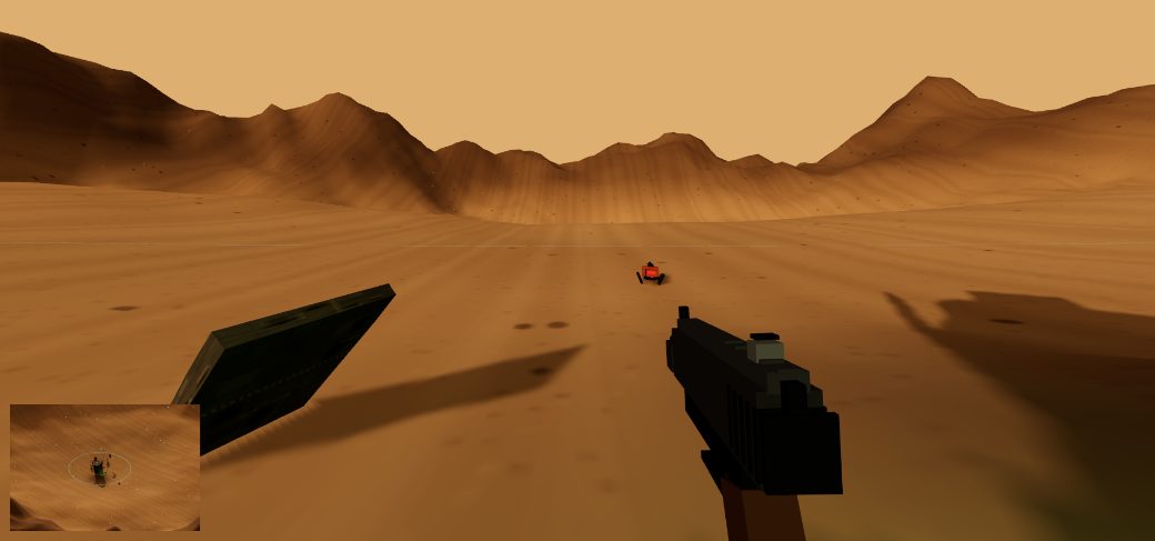 In-game screenshot of A Million Machines — a lone shelldiver in the desert under orbital command.